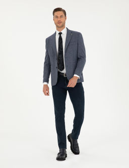 Lacivert Y_n Kar___ml_ Slim Fit Ceket