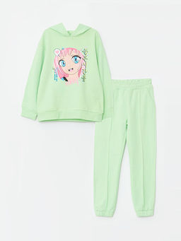 Kap??onlu Bask?l? Uzun Kollu K?z ?ocuk Sweatshirt ve E?ofman Alt?