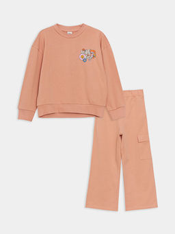Bisiklet Yaka Bask?l? Uzun Kollu K?z ?ocuk Sweatshirt ve E?ofman Alt?