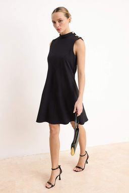 Siyah Duz Dugme Detayl? Mini Dokuma Elbise TWOSS26EL00300