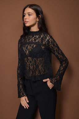 Siyah Serit Aksesuar Detayl? Regular/Normal Kal?p Dantel Esnek Orme Bluz TWOAW26BZ00333