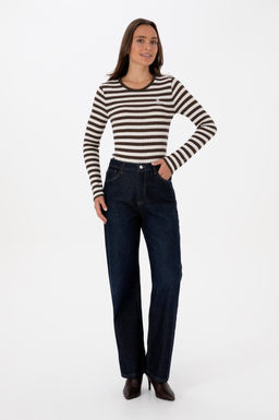 Kad_n Kahverengi _izgili Bisiklet Yaka Sweatshirt
