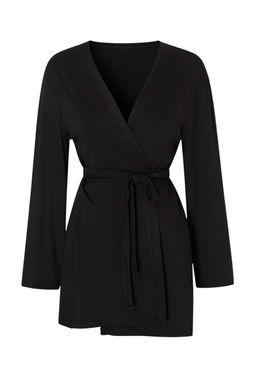 Siyah Dokuma Baglama Detayl? Mini Plaj Kimono & Kaftan TBESS26KM00005