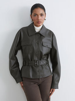 G?mlek Yaka Kemerli Kad?n Deri G?r?n?ml? Ceket
