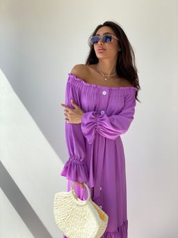 Длинное платье с открытыми плечами сиреневое - Martichelli фото 5