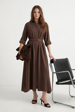 Kahverengi Deri Kemerli Midi Dokuma Elbise TWOSS26EL00748 - Trendyolmilla фото 2