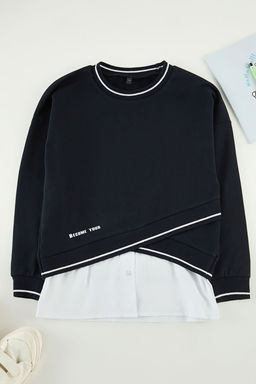 Lacivert K?z Cocuk Renk Bloklu Orme Sweatshirt TKDAW25SW00045
