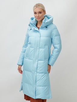 Пальто утепленное стеганное зимнее с капюшоном женское голубого цвета 9601Gl