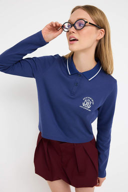 Teen Lacivert Tok Kumasl? Nak?sl? Polo Yaka Dugmeli Regular/Standart Kal?p Orme Bluz TWOAW26BZ00014