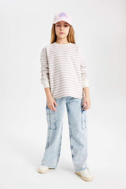 Толстовка в полоску с круглым вырезом для девочек - Defacto фото 4