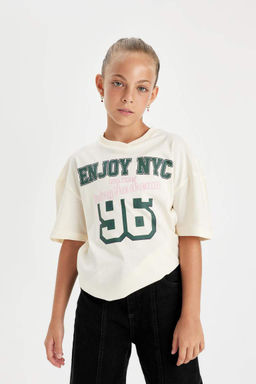 Школьная футболка Relax Fit с v-образным вырезом и принтом для девочек с короткими рукавами