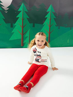 Bisiklet Yaka Uzun Kollu Minnie Mouse Bask?l? K?z Bebek Pijama Tak?m