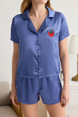 Trendyolmilla Siyah Cilek ve Slogan Nak?sl? Saten Sortlu Dokuma Pijama Tak?m? THMSS22PT0395  фото 3