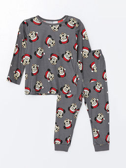 Bisiklet Yaka Uzun Kollu Mickey Mouse Bask?l? Erkek Bebek Pijama Tak?m?