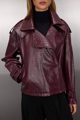 Bordo Regular Kal?p Suni Deri Biker Ince Ceket Mont TWOAW26MO00003 - Trendyolmilla фото 3