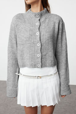 Koyu Gri Crop Yumusak Dokulu Dik Yaka Triko H?rka TWOAW22HI0174