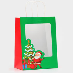 Пакет подарочный бумажный с окном «Дед Мороз» 30×22×14 см, крафт зеленый