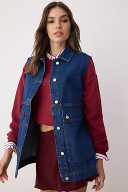 Koyu Mavi Gomlek Yaka Cep Detayl? %100 Pamuk Denim Yelek Ceket TCTAW22CK0006