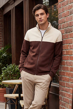 Kahverengi-Bej Regular Fit Uzun Kollu Dik Yaka Fermuarl_ Sweatshirt TMNAW22SW0720
