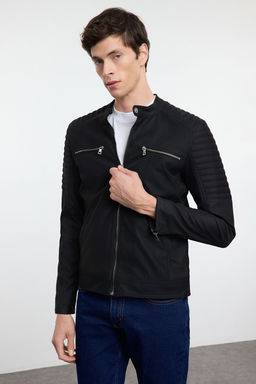 TRENDYOL MAN Siyah Slim Fit Fermuar Detayl? Deri K?sl?k Ruzgara ve Suya Dayan?kl? Biker Ceket Mont TMNAW25MO00046 - Trendyolmilla фото 4