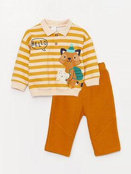 G?mlek Yaka Uzun Kollu Bask?l? Erkek Bebek Sweatshirt ve Pantolon 2li Tak?m