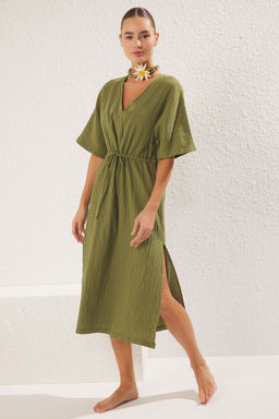 Trendyolmilla Haki Midi Dokuma Buzgu Detayl? Muslin Plaj Elbisesi TBESS25EL00008  фото 3