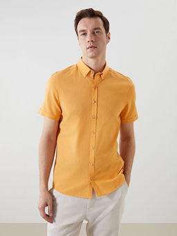 Slim Fit K?sa Kollu Keten Kar???ml? Erkek G?mlek