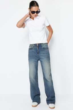 Trendyolmilla Siyah Polo Yaka Dugmeli K?sa Kol Esnek Fitilli Orme Bluz TWOSS24BZ00111  фото 3