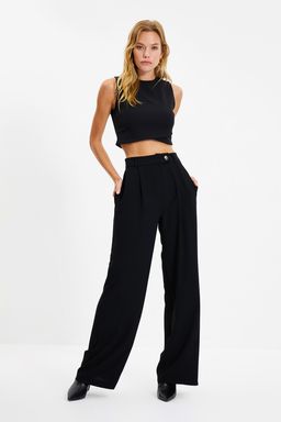 Siyah Wide Leg/Genis Paca Dokuma Kumas Pantolon TWOAW22PL0263 Palazzo