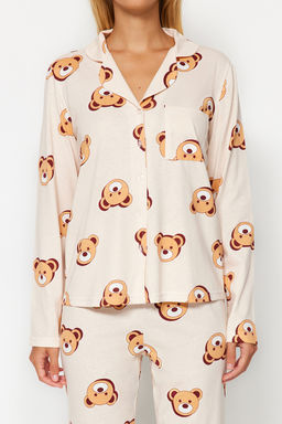 Trendyolmilla Ekru %100 Pamuklu Ay?c?kl? Gomlek-Pantolon Orme Pijama Tak?m? THMAW24PT00002 фото 12