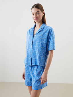 G?mlek Yaka Bask?l? Kad?n ?ortlu Pijama Tak?m?