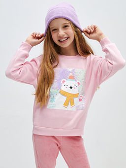 Bisiklet Yaka Bask?l? ?ift Y?nl? Payetli Uzun Kollu K?z ?ocuk Sweatshirt