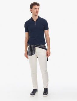 Lacivert Slim Fit %100 Pamuk K_vr_lmaz Fermuarl_ Polo Yaka Basic Ti__rt
