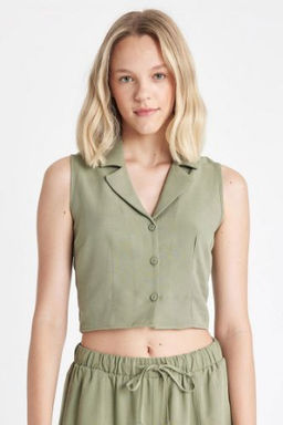 Fitted Pijama Yaka Keten Kar?s?ml? Kolsuz Gomlek