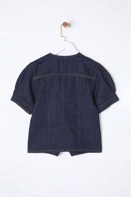 Trendyolmilla Koyu Mavi K?sa Balon Kollu V Yaka Denim Bluz TWOSS25BZ00000 фото 9