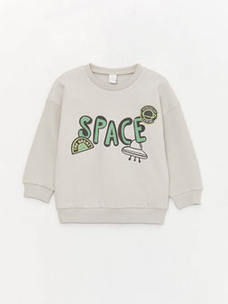 Bisiklet Yaka Bask?l? Erkek Bebek Sweatshirt
