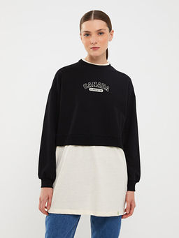 Bisiklet Yaka Bask?l? Uzun Kollu Oversize Kad?n Sweatshirt Tunik