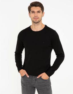 Siyah Slim Fit Bisiklet Yaka Basic Triko Kazak