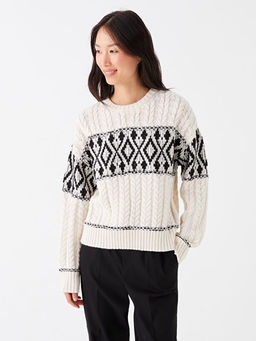 Bisiklet Yaka Desenli Uzun Kollu Kad?n Triko Kazak