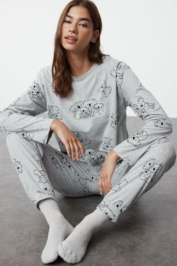 Trendyolmilla Gri Melanj Pamuklu Hayvan Desenli Orme Pijama Tak?m? THMAW25PT00020