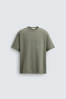 CAMISETA LAVADA RAYAS BOLSILLO / Beige / Verde