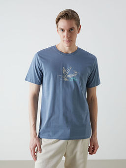 Bisiklet Yaka K?sa Kollu Bask?l? Penye Erkek Ti??rt