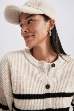 Полосатый кардиган стандартного кроя с круглым вырезом из ткани Selanik - Defacto фото 6