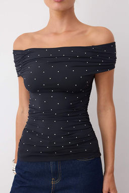 Siyah Tas Bask?l? Carmen Yaka Orme Sandy Party Bluz TPRSS25BZ00055 - Trendyolmilla фото 3