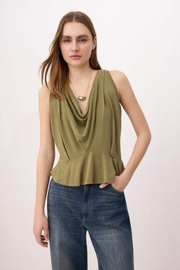 More Sustaniable Haki Fitted/Vucuda Oturan Degaje Yaka Kolsuz Modal Orme Bluz TWOSS26BZ00628