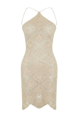 Ekru Orme Mini Halter Yaka Plaj Elbisesi TBESS26EL00046