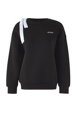 Teen Siyah Ac?k Omuzlu Slogan Nak?sl? Kal?n Ici Polarl? Orme Sweatshirt TWOAW26SW00139