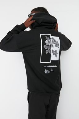 TRENDYOL MAN Siyah Oversize/Genis Kesim Kapusonlu Ici Polar/S?cak Tutan Cicek Bask?l? Sweatshirt TMNAW22SW1651 - Trendyolmilla фото 3
