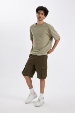 Relax Fit Duz Paca Gabardin Kargo Bermuda Sort