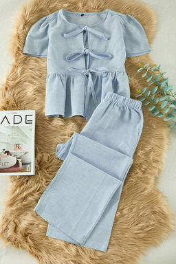 Trendyolmilla Mavi Pamuklu Baglama Detayl? Poplin Dokuma Pijama Tak?m? THMSS25PT00024 фото 6